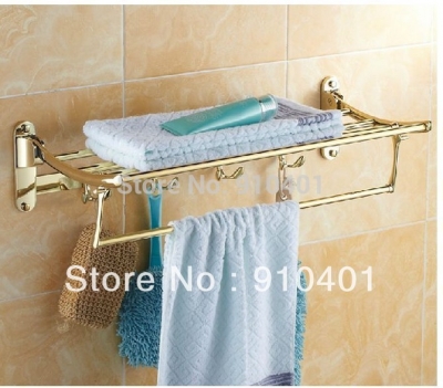Wholesale And Retail Promotion Fashion Hotel Home Foldable Towel Rack Holder Towel Bar W/ Hooks Golden Finish [Towel bar ring shelf-5005|]