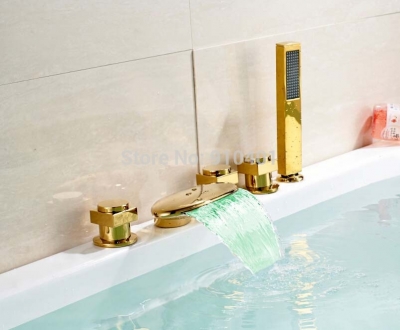 Wholesale And Retail Promotion Golden Brass LED Color Changing Waterfall Bathroom Tub Faucet With Hand Shower