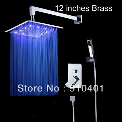 Wholesale And Retail Promotion LED Colors 12" Brass Square Rain Shower Faucet Set Shower Mixer Tap Hand Shower [LED Shower-3263|]