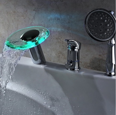 Wholesale And Retail Promotion LED Colors Round Spout Bathtub Waterfall Faucet 3PCS W/ Hand Sprayer Mixer Tap [3 PCS Tub Faucet-2|]