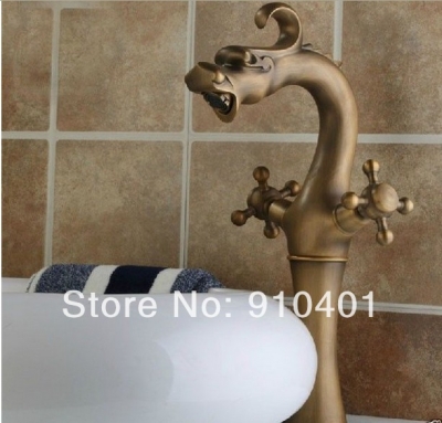 Wholesale And Retail Promotion NEW Antique Brass Dragon Faucet Dual Handle Vanity Sink Mixer Tap Deck Mounted