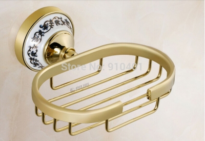 Wholesale And Retail Promotion NEW Blue And White Porcelain Golden Brass Soap Dish Holder Bathroom Soap Basket