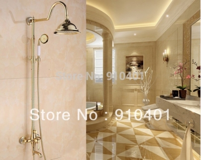 Wholesale And Retail Promotion NEW Luxury Golden Brass Wall Mounted Rain Shower Faucet Set Tub Mixer Tap Shower
