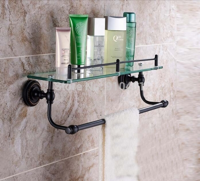 Wholesale And Retail Promotion Oil Rubbed Bronze Bathroom Shelf Shower Caddy Cosmetic Glass Shelf W/ Towel Bar [Storage Holders & Racks-4384|]