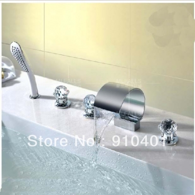 Wholesale And Retail Promotion Polished Chrome Brass Waterfall Bathroom Tub Faucet Crystal Handles Hand Shower [5 PCS Tub Faucet-197|]