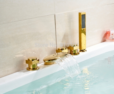 Wholesale And Retail Promotion Widespread Bathroom Tub Faucet 3 Handles Sink Mixer Tap W/ Hand Shower Golden