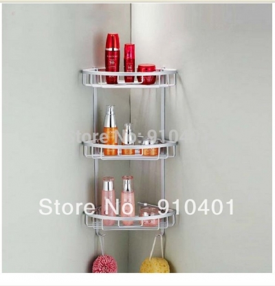 Wholesale Promotion Wall Mounted Bathroom Shower Caddy Shelf Aluminum 3 Tier Basket W/ Dual Hooks [Storage Holders & Racks-4437|]