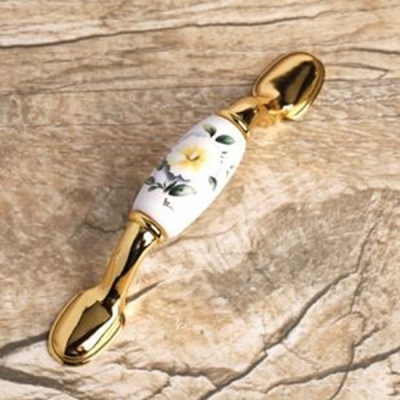 Yellow Camellia Cabinet Wardrobe Cupboard Drawer Pulls Ceramic Handles Gold MBS085-4