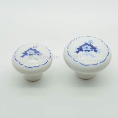 small size 501 blue flower embessed ceramic cupboard knobs 28g white color used for cabinet drawers