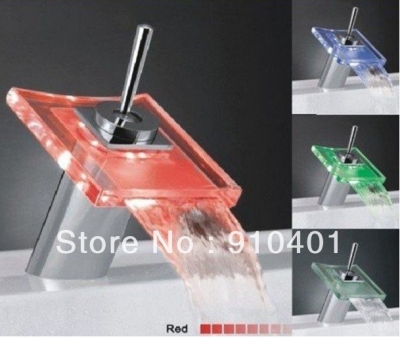 Hot SaleGlass Waterfall LED Basin Faucet Bathroom Sink Mixer Chrome Finish Color Changing TAP ROS6666-S1