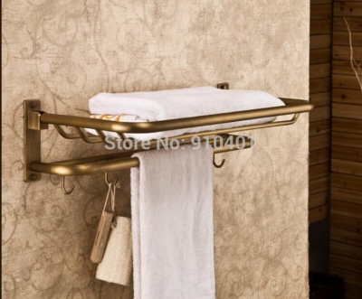 Wholesale And Retail Promotion Antique Brass Bathroom Shelf Towel Rack Basket Holder Towel Bar W/ Hook Hangers [Towel bar ring shelf-4850|]