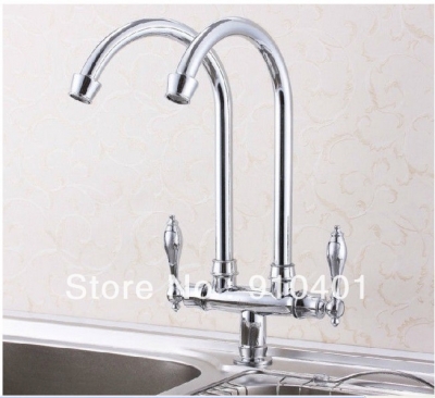 Wholesale And Retail Promotion Deck Mounted Chrome Brass Double Swivel Spout Kitchen Faucet For Cold Water Tap