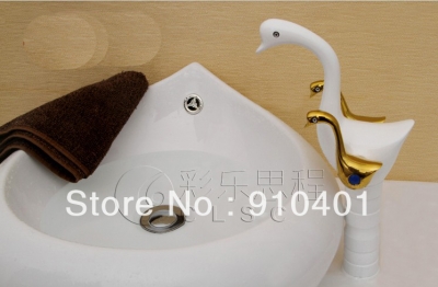 Wholesale And Retail Promotion Deck Mounted White Painting Bathroom Swan Bain Faucet Dual Golden Handles Mixer [Golden Shower-2948|]