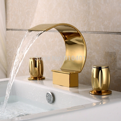Wholesale And Retail Promotion Golden Brass Widespread Bathroom Waterfall Basin Faucet Dual Handles Mixer Tap