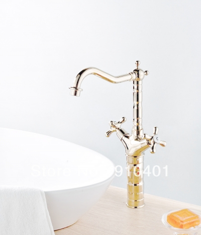 Wholesale And Retail Promotion Polish Golden Brass Bathroom Basin Faucet Two Cross Handles Tall Sink Mixer Tap [Golden Faucet-2802|]