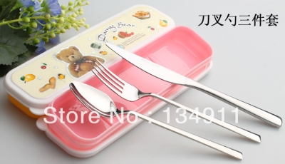 1 Set Portable Stainless Steel CutleryKnife Fork & Spoon Three-piece Suit Children Cute Box