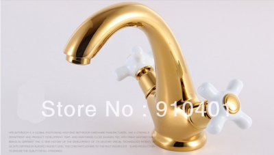 Wholesale And Retail Promotion Deck Mounted Polished Golden Finish Bathroom Faucet Dual White Cross Handles Tap [Golden Faucet-2843|]
