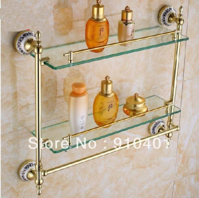 Wholesale And Retail Promotion Golden Brass Wall Mounted Bathroom Shelf Dual Tiers Shower Storage Rack Holder [Storage Holders & Racks-4353|]
