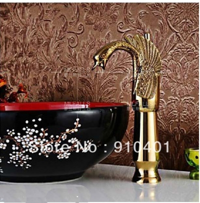 Wholesale And Retail Promotion Golden Finish Solid Brass Bathroom Swan Faucet Animal Basin Single Handle Mixer [Golden Faucet-2016|]