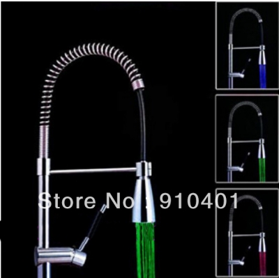 Wholesale And Retail Promotion LED Color Changing Chrome Brass Spring Kitchen Faucet Swivel Spout Dual Sprayer