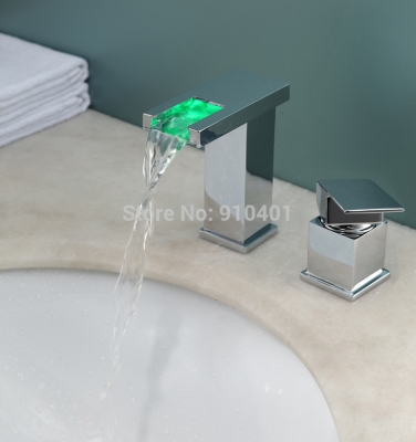 Wholesale And Retail Promotion LED Color Changing Waterfall Bathroom Basin Faucet Single Handle 2 Holes Mixer