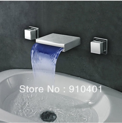 Wholesale And Retail Promotion LED Colors Wall Mounted Waterfall Bathroom Basin Faucet Dual Handles Mixer Tap