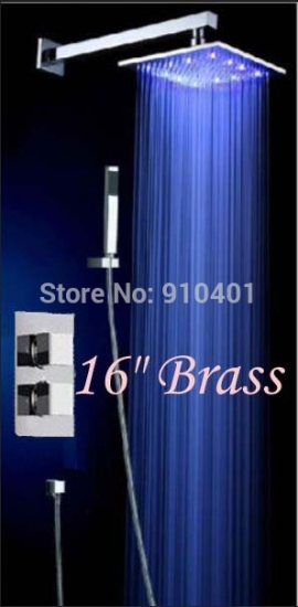 Wholesale And Retail Promotion Luxury 16" Rain Shower Head Dual Handles Thermostatic Valve With Hand Shower Tap [LED Shower-3334|]