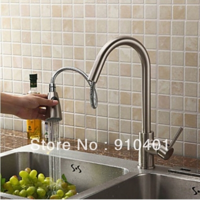 Wholesale And Retail Promotion Modern Brushed Nickel Pull Out Kitchen Bar Vessel Sink Mixer Tap Swivel Spout [Brushed Nickel Faucet-716|]
