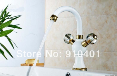 Wholesale And Retail Promotion NEW Deck Mounted Golden White Brass Dual Handles Bathroom Faucet Sink Mixer Tap [Chrome Faucet-1704|]