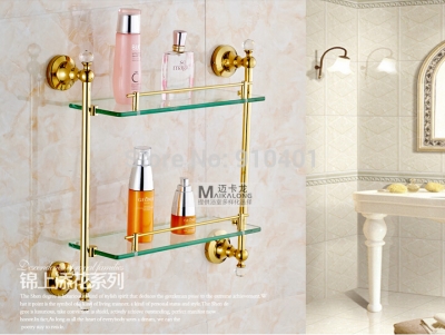 Wholesale And Retail Promotion NEW Golden Brass Bathroom Shelf Dual Glass Tiers Caddy Storage Crystal Hangers [Storage Holders & Racks-4516|]