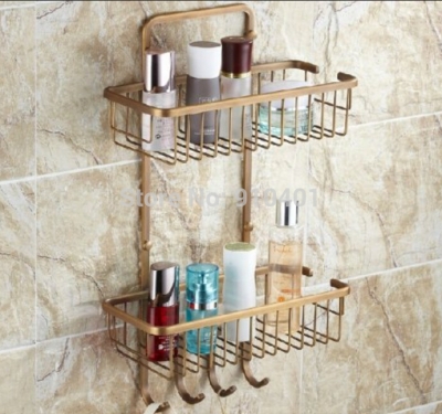 Wholesale And Retail Promotion Square Antique Brass Bathroom Shelf Dual Tiers Caddy Storage With Hook Hangers [Storage Holders & Racks-4394|]