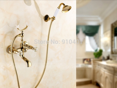 Wholesale And Retail Promotion Wall Mount Golden Brass Bathroom Tub Faucet Dual Crystal Handles Sink Mixer Tap [Wall Mounted Faucet-5187|]