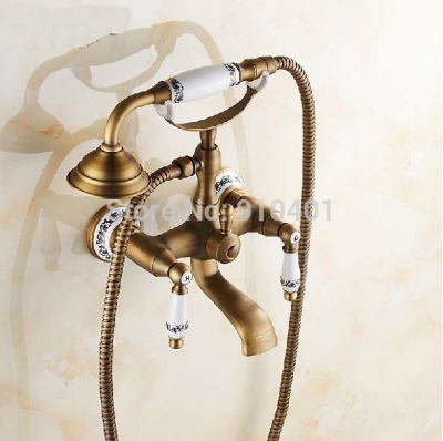 Wholesale And Retail Promotion Wall Mounted Antique Brass Bathroom Tub Faucet Ceramic Style With Hand Shower