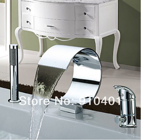 Brand New Chrome Finish Modern Roman BathTub Faucet Curved Shape Waterfall w/ Hand Held Shower Sprary 