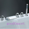 Contemporary 5PCS Widespread Waterfall Bathroom Tub Faucet + Hand Shower Mixer Tap Crystal Handle Chrome