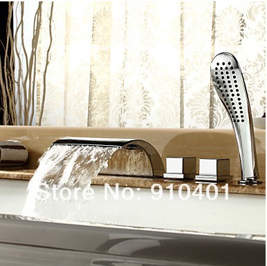 Luxury Brass Widespread Waterfall Bathroom Bathtub Faucet w/ Hand Shower Mixer Tap Chrome Finish Five Pieces