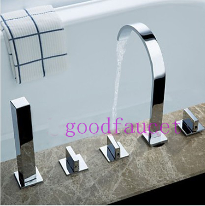 Deck mounted 5pcs waterfall bathroom tub faucet mixer tap with handheld spray chrome finish