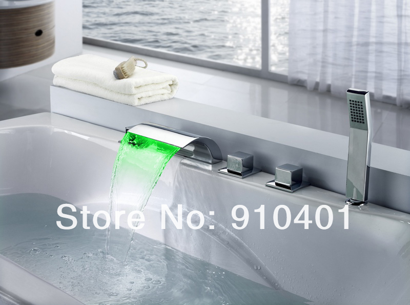 Luxury Waterfall Brass Bathtub Faucet + Handheld Shower Three Square HandleS With Color Changing LED Light