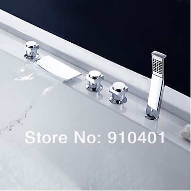 NEW High Qulity Bathroom Widespread  Mixer Tap 5PCS Brass Big Waterfall Tub Faucet With Hand Shower Chrome Finish