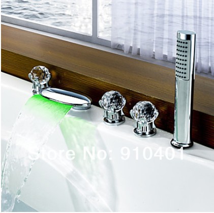 Waterfall Brass Bathtub Faucet+Hand Shower+Crystal Glass Handle With Color Changing LED Temperature sensitive