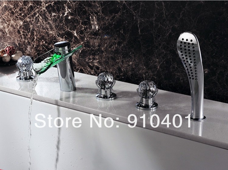 Wholesale And Retail Promotin LED Color Changing Bathroom Waterfall Tub Faucet Crystal Handles W/ Hand Shower