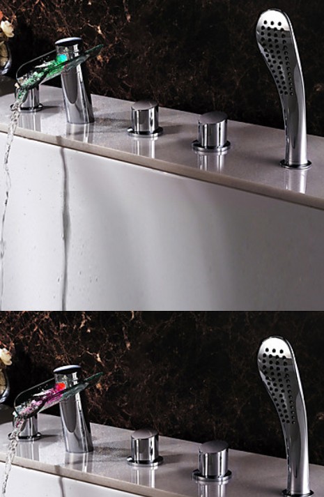 Wholesale And Retail Promotion Chrome Brass LED Color Deck Mounted Bathroom Tub Waterfall Faucet 5PCS Mixer Tap