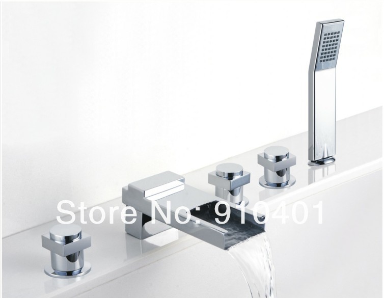 Wholesale And Retail Promotion Deck Mounted Waterfall Bathroom Basin Faucet With Hand Shower Mixer Tap Chrome