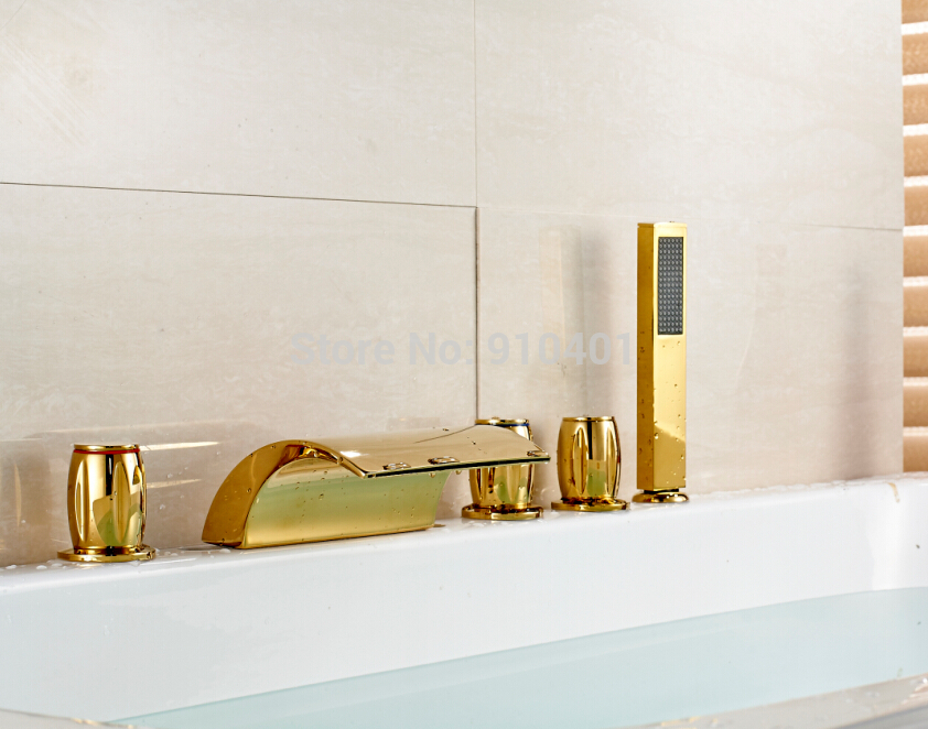 Wholesale And Retail Promotion Golden Brass Waterfall Bathroom Tub Faucet 5 PCS Sink Mixer Tap W/ Hand Shower