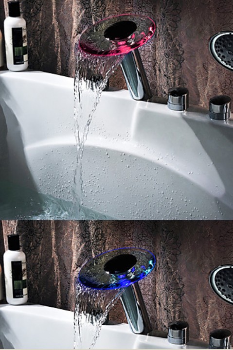 Wholesale And Retail Promotion LED Colors Deck Mounted Round Bathtub Waterfall Faucet 5PCS Telephone Sprayer