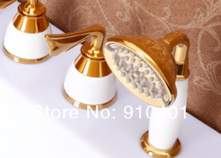 Wholesale And Retail Promotion Luxury Golden Brass Deck Mounted Bathroom Tub Faucet With Hand Shower Mixer Tap