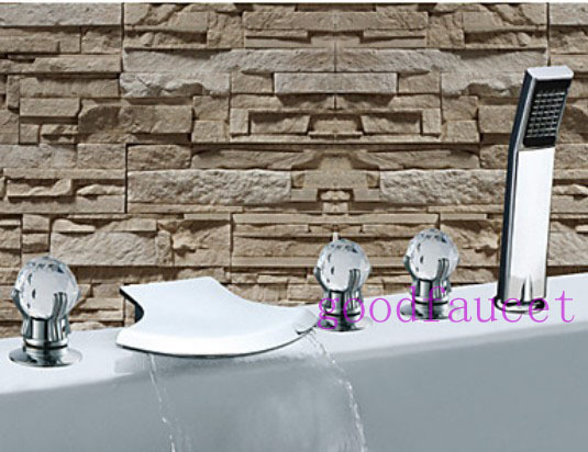 Wholesale And Retail Promotion NEW Deck Mounted Waterfall Bathtub Faucet W/ Crystal Handles 5PCS Mixer Tap Set
