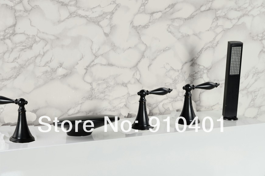 Wholesale And Retail Promotion NEW Oil-rubbed Bronze Bathroom Waterfall Tub Faucet 5PCS Mixer Tap W/Hand Shower