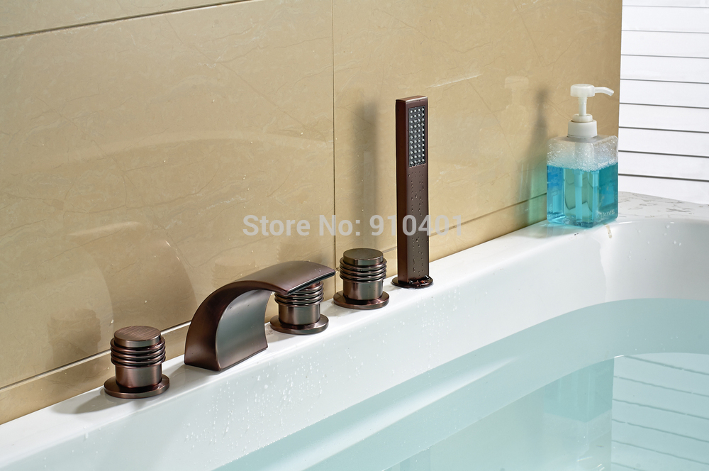 Wholesale And Retail Promotion Oil Rubbed Bronze Waterfall Bathroom Tub Faucet Deck Mounted With Hand Shower