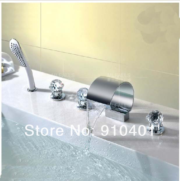 Wholesale And Retail Promotion Polished Chrome Brass Waterfall Bathroom Tub Faucet Crystal Handles Hand Shower